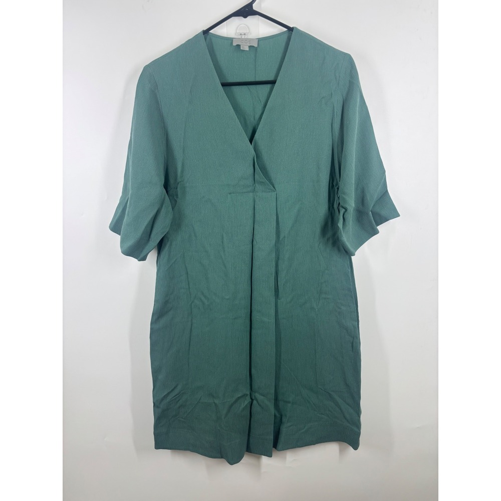 COS Women Green Cupro V-Neck Shift Dress Textured Short Sleeve Size 8